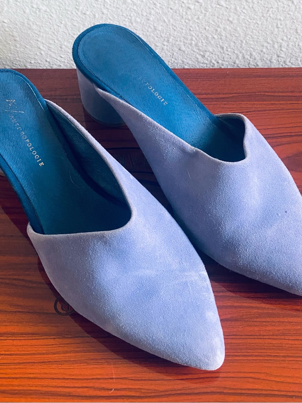 Anthropologie Powder Blue Suede Pointed-Toe Mules